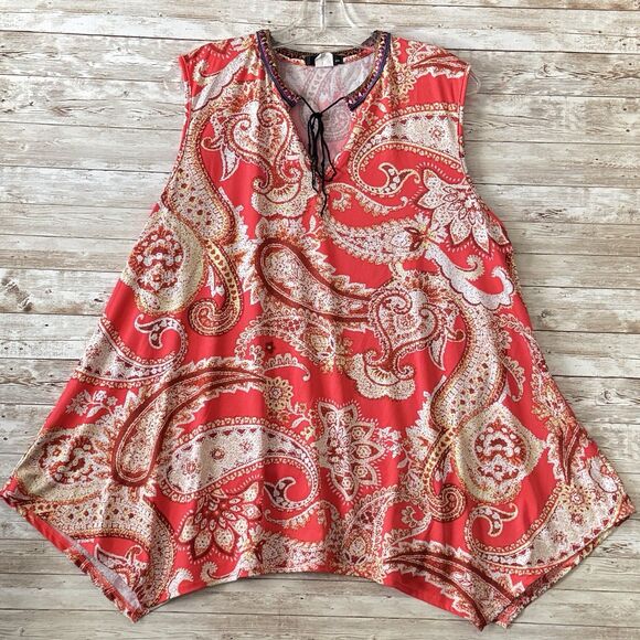 ING Sleeveless Blouse Tank Top Womens 2X Orange White Embroidered Tie Neck Tunic - Picture 1 of 15